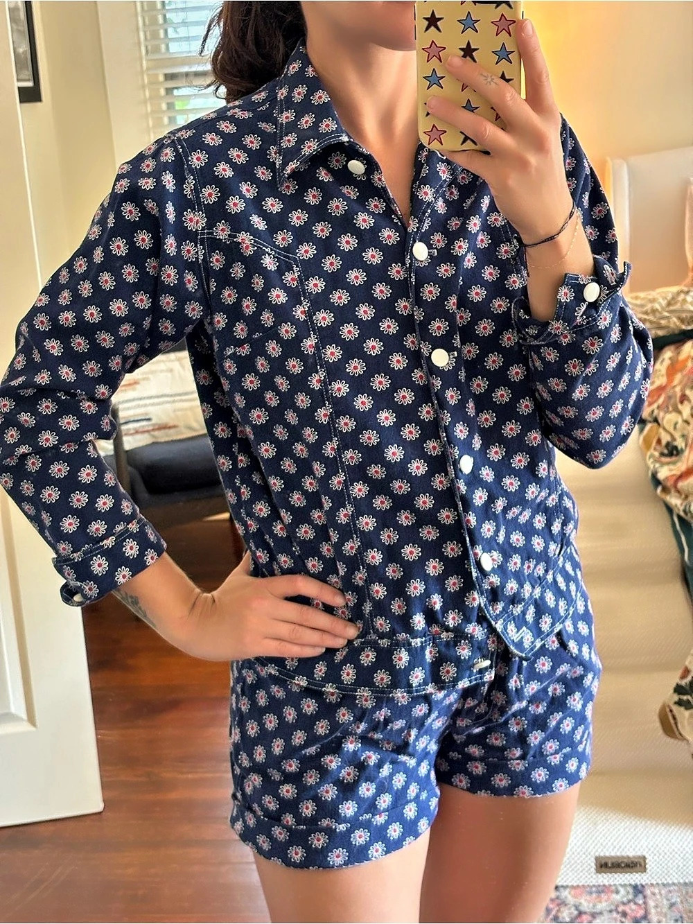 VINTAGE Country Set Floral Button Front Romper in Blue Size Small Like New